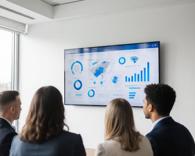 Professional team analyzing data on a large screen in a modern UK office
